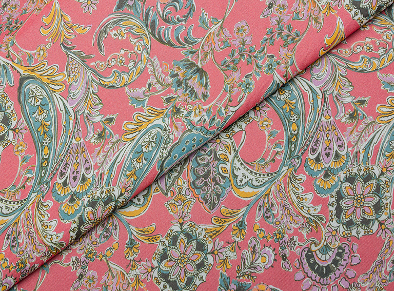 Фото ткани Шифон тип Etro, цвет - коралловый, розовый, желтый, синий, пейсли
