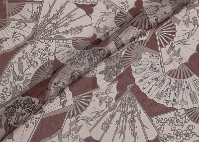 Фото ткани Шифон с веером, цвет - бежевый, бордовый