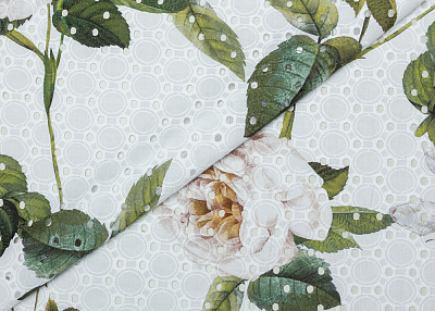 Фото ткани Хлопковое шитье, цвет - розовый, белый, зеленый, цветы