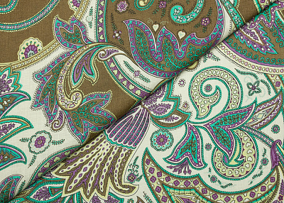 Фото ткани Льняная ткань, цвет - зеленый, сиреневый, хаки, пейсли
