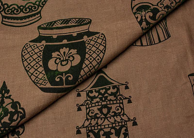 Фото ткани Льняная ткань с рисунком, цвет - коричневый, зеленый, черный