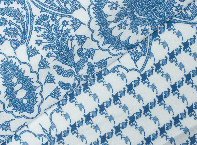 Фото ткани Вискоза с хлопком тип Etro (купон), цвет - синий, белый, голубой, рисунок