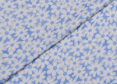 Фото ткани Натуральный шелк с цветами, цвет - белый, голубой