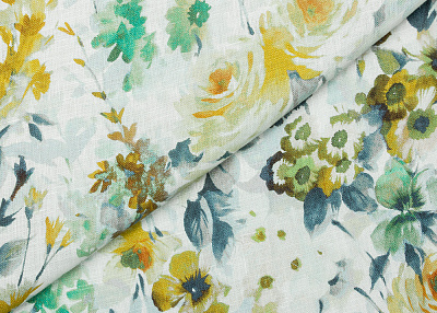 Фото ткани Льняная ткань (купон), цвет - синий, белый, зеленый, горчица, цветы