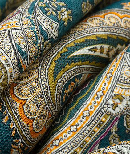Льняная ткань тип Etro с рисунком, цвет - зеленый и пейсли. Изображение 4