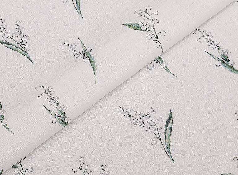Фото ткани Льняная ткань ландыши тип Dior с рисунком, цвет - белый и цветы