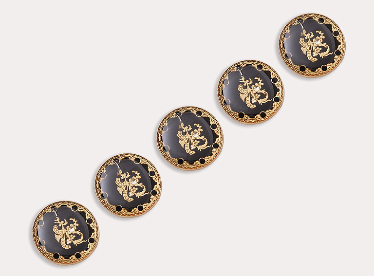 Фото ткани Пуговица круглая металлическая, цвет - черный и золотой