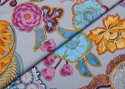 Фото ткани Хлопковая ткань тип Etro, цвет - серый и цветы
