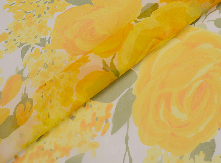 Фото ткани Шелковая органза с розами тип Valentino, цвет - желтый, белый