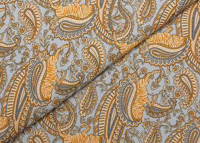 Фото ткани Шифон тип Etro, цвет - голубой, оранжевый, пейсли, зебра