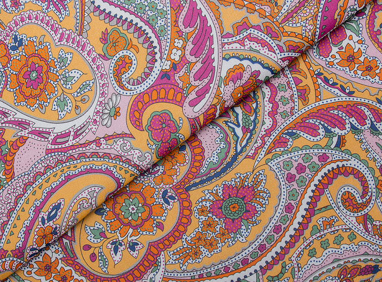 Фото ткани Шифон тип Etro, цвет - фуксия, оранжевый, зеленый, пейсли