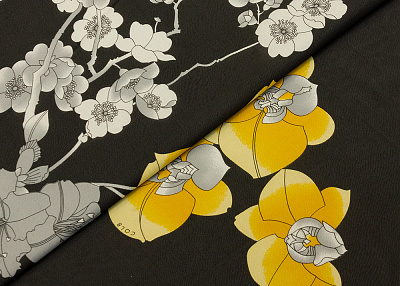 Фото ткани Шифон с цветами, цвет - черный, желтый