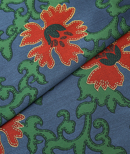Жаккард с рисунком тип Valentino, цвет - синий, зеленый, цветы. Изображение 1