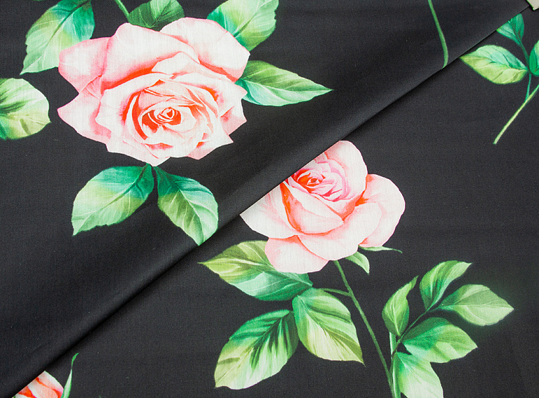 Фото ткани Хлопковая ткань, цвет - розовый, зеленый, черный, цветы