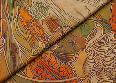 Фото ткани Натуральный шелк с рисунком (купон), цвет - коричневый, зеленый, оранжевый, рисунок