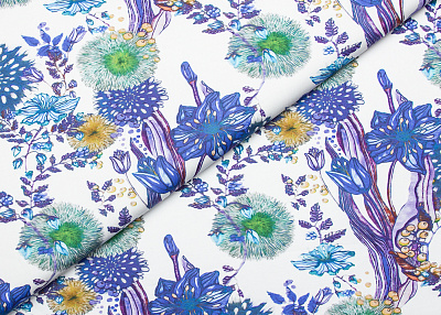 Фото ткани Хлопковая ткань с рисунком, цвет - синий, белый, зеленый, цветы