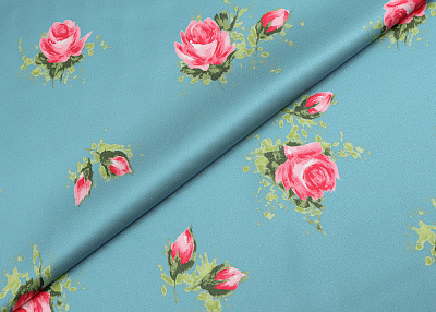 Фото ткани Натуральный шелк тип Valentino с розами, цвет - бирюзовый