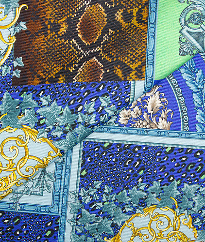 Джинса тип Versace, цвет - желтый, коричневый, зеленый, голубой, сиреневый, цветы. Изображение 1