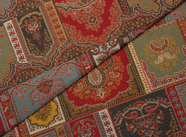 Фото ткани Шерстяной жаккард (гобелен) тип Etro с рисунком, цвет - желтый, красный, голубой