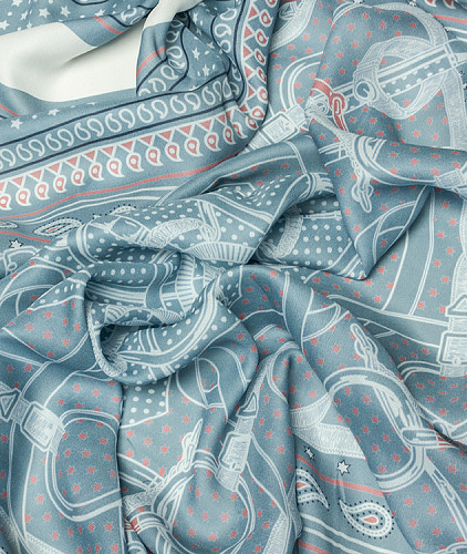 Шифон с рисунком (купон) тип Hermes, цвет - голубой, розовый, пейсли. Изображение 3
