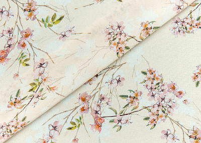 Фото ткани Натуральный шелк, цвет - пудровый, зеленый, розовый, цветы