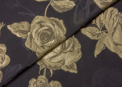 Фото ткани Натуральный шелк, цвет - черный, золотой, цветы