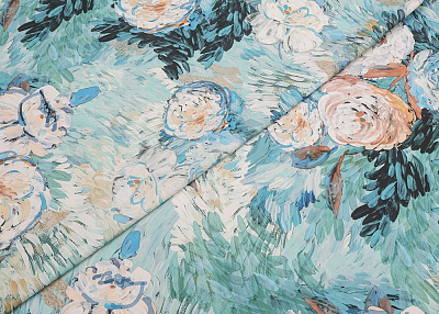 Фото ткани Натуральный хлопокс цветами, цвет - бирюзово-голубой