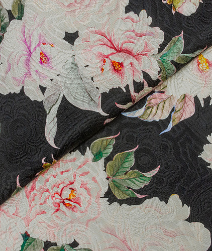 Жаккард тип Dolce&Gabbana с цветами, цвет - черный, розовый, зеленый. Изображение 1