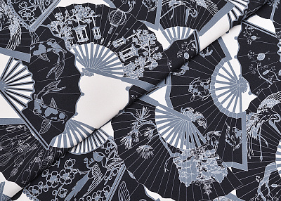 Фото ткани Натуральный шелк с веером, цвет - синий с белым