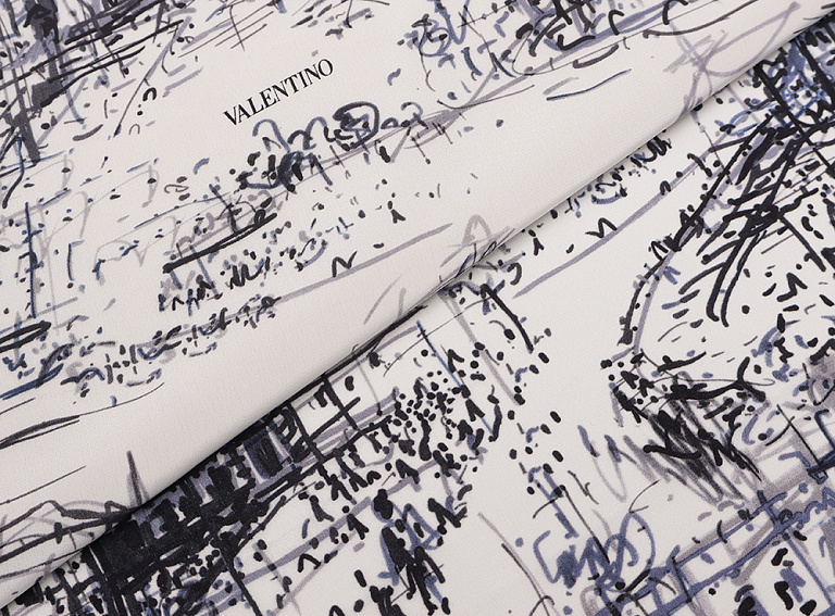 Фото ткани Натуральный шелк тип Valentino с рисунком, цвет - белый