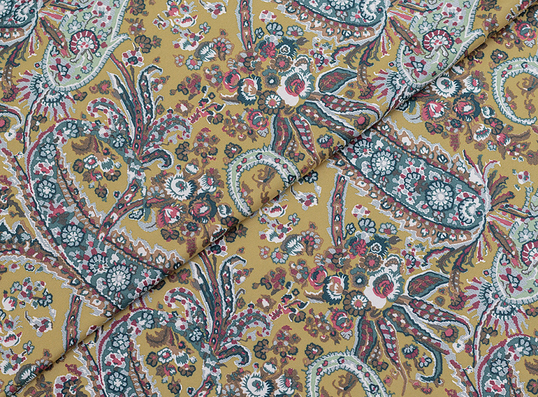 Фото ткани Хлопковый трикотаж тип Etro с рисунком, цвет - желтый, горчица, пейсли