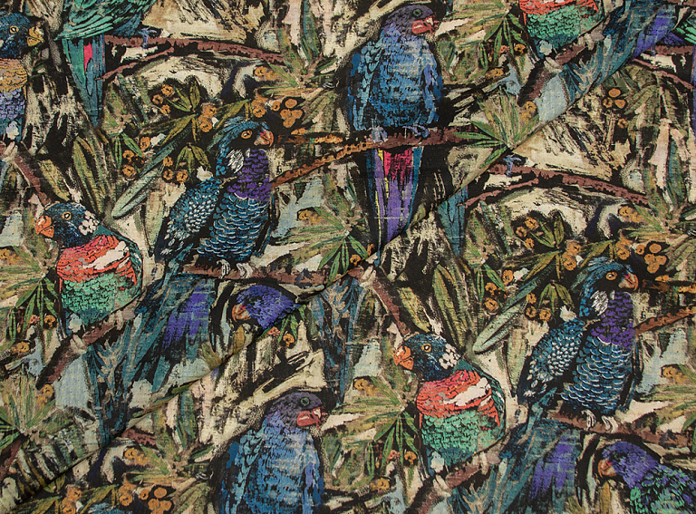 Фото ткани Хлопок с вискозой, цвет - фиолетовый, бежевый, зеленый, птицы