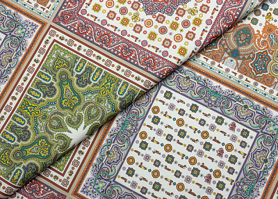 Фото ткани Хлопковая ткань с рисунком, цвет - белый, зеленый, оранжевый, сиреневый, пейсли, утки