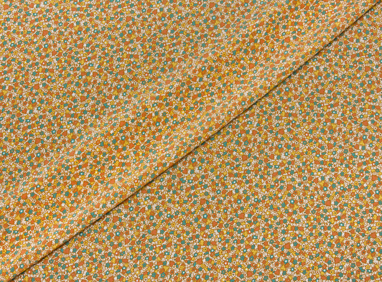 Фото ткани Натуральный шелк, цвет - оранжевый и цветы