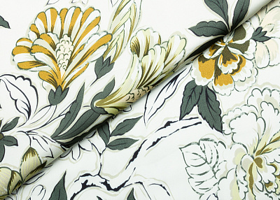 Фото ткани Вискоза тип Etro, цвет - желтый, зеленый, молочный, цветы