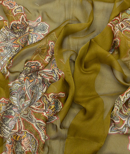Шифон с рисунком (купон) тип Etro, цвет - хаки, пейсли. Изображение 3