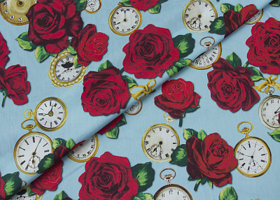 Фото ткани Хлопковая ткань тип Dolce&Gabbana с часами и розами, цвет - голубой и цветы