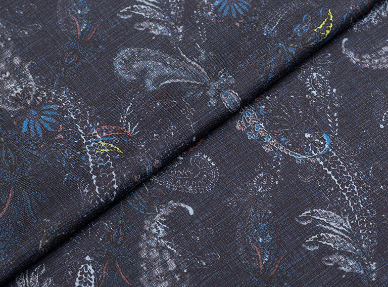 Фото ткани Хлопковый трикотаж тип Etro с рисунком, цвет - синий и пейсли