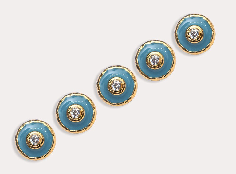 Фото ткани Пуговица круглая со стразами, цвет - золотой и бирюзовый