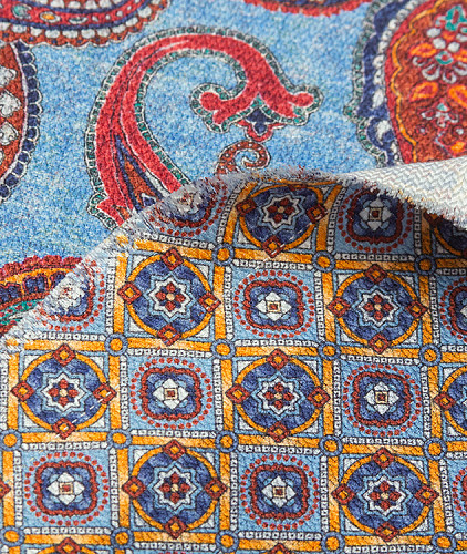 Натуральный шелк тип Etro с рисунком (купон), цвет - синий, бирюзовый, пейсли. Изображение 2