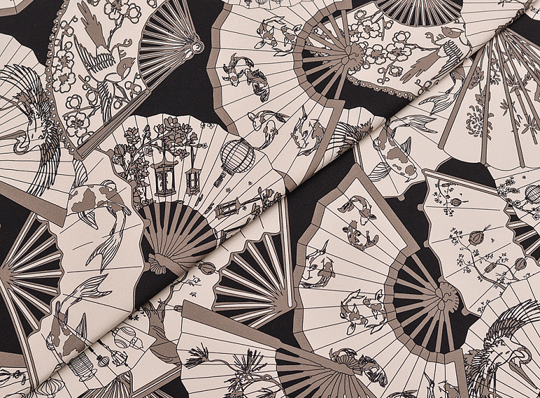 Фото ткани Натуральный шелк с веером, цвет - бежевый, черный