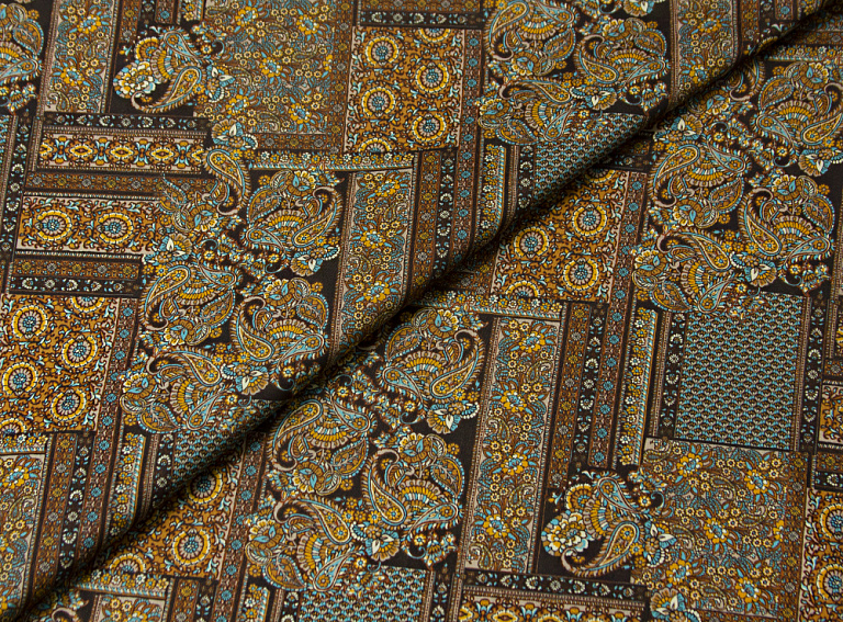 Фото ткани Хлопковая ткань тип Etro, цвет - коричневый, бирюзовый, пейсли