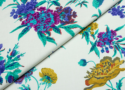 Фото ткани Хлопковая ткань тип Etro, цвет - фиолетовый, желтый, белый, бирюзовый, горчица, цветы