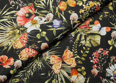 Фото ткани Батист с рисунком, цвет - желтый, красный, белый, зеленый, черный, цветы, бабочки