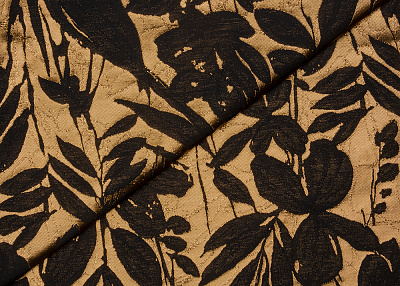 Фото ткани Жаккард с рисунком, цвет - золотой, черный, цветы