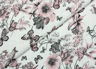 Фото ткани Льняная ткань, цвет - розовый, белый, черный, цветы, бабочки