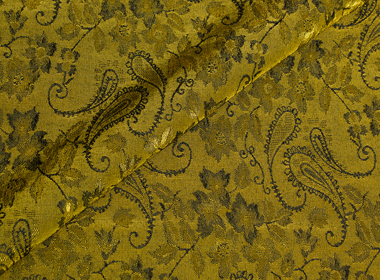 Фото ткани Жаккард шерсть с вискозой, цвет - горчица, цветы, пейсли