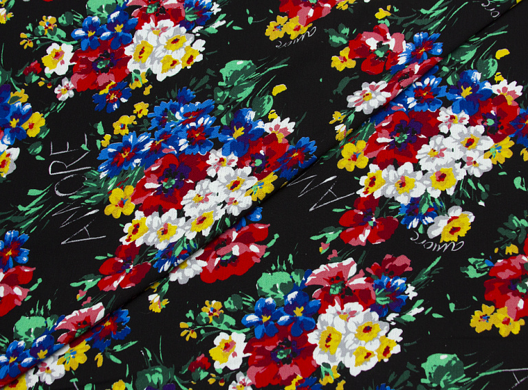 Фото ткани Вискоза тип Gucci, цвет - черный и цветы