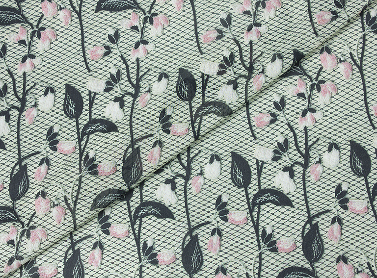 Фото ткани Натуральный шелк с рисунком, цвет - розовый и зеленый