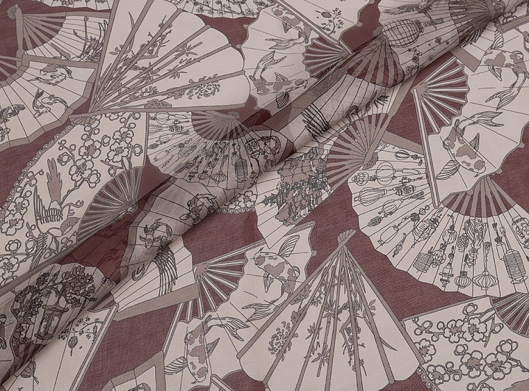 Фото ткани Шифон с веером, цвет - бежевый, бордовый